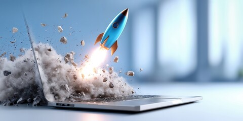 Aufkleber - Rocket Launching From Laptop Screen With Debris, Symbolizing Business Startup and Technological Innovation for Digital Transformation Projects : Generative AI