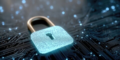 Aufkleber - Glowing Padlock on Circuit Board, Representing Cybersecurity and Data Protection for Business Continuity and Digital Transformation in the Modern Age : Generative AI
