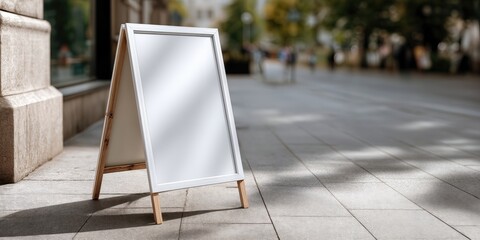 Aufkleber - Blank White Sandwich Board on Sidewalk in City, Ideal for Local Advertising and Business Promotion, with Pedestrians in Background : Generative AI