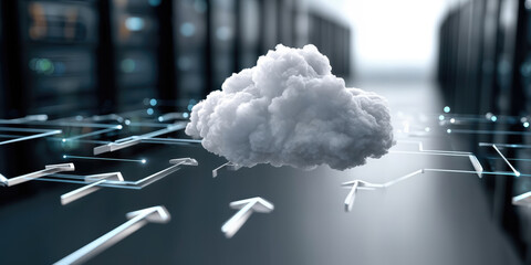Poster - Fluffy Cloud Hovering Over Server Room With Arrows, Illustrating Cloud Computing Solutions and Digital Transformation Services : Generative AI