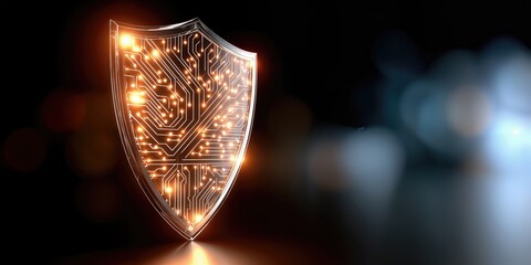 Aufkleber - Glowing Cyber Shield With Circuit Board Design Against Dark Background, Representing Cybersecurity and Data Protection Solutions for Your Business : Generative AI