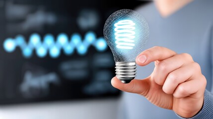 Poster - Hand Holding Glowing Lightbulb Against Blurred Background, Symbolizing Innovation and Creative Problem Solving for Business Solutions and Energy Efficiency : Generative AI