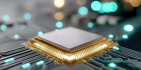 Poster - Macro Shot of a Computer Processor with Golden Pins, Illustrating Technological Advancement and Digital Transformation in Modern Computing : Generative AI