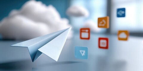 Poster - Paper Airplane Flying Among Cloud Icons, Representing Digital Transformation and Cloud Computing Solutions for Modern Businesses : Generative AI