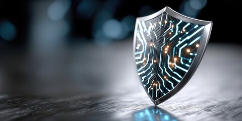 Aufkleber - Cyber Security Shield With Glowing Circuit Board Design, Representing Data Protection and Digital Transformation, Set Against a Blurred Background : Generative AI