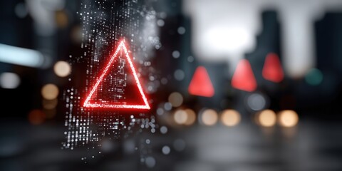Fototapete - Red Triangle Warning Sign Over Abstract Cityscape, Representing Cybersecurity Threat and Digital Transformation Vulnerability : Generative AI