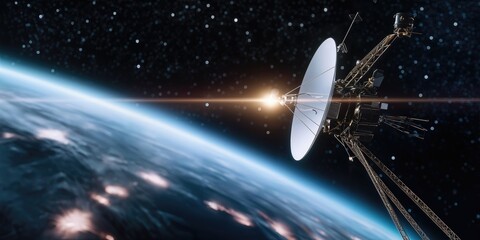 Poster - Satellite Orbiting Earth With City Lights Below, Showcasing Technological Advancement and Global Communications Infrastructure : Generative AI
