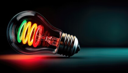 Poster - Glowing Lightbulb with Colorful Filament on Dark Surface, Symbolizing Innovation and Bright Ideas for Business Solutions and Creative Thinking : Generative AI