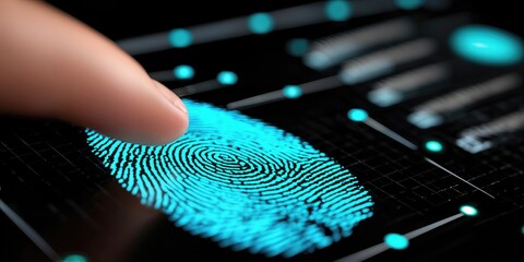 Fototapete - Finger Touching Glowing Biometric Fingerprint Scan on Dark Surface, Representing Data Security and Digital Transformation in Cybersecurity : Generative AI