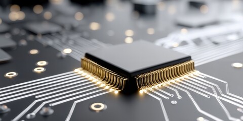 Poster - Macro Shot of a Microchip With Glowing Connections, Representing Technological Advancement and Digital Transformation in Modern Computing : Generative AI