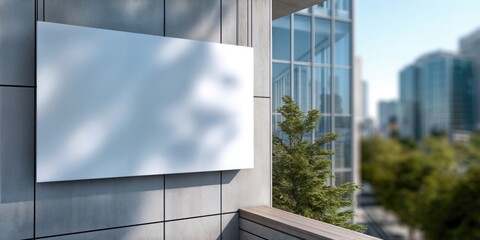 Poster - Blank White Sign on Modern Building Balcony Overlooking Cityscape, Ideal for Advertising and Corporate Communication Messages : Generative AI