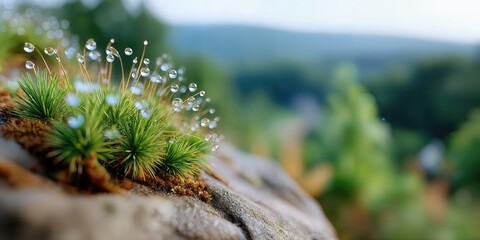 Poster - Moss With Water Droplets on a Rock, Symbolizing Environmental Awareness and Natural Beauty, Ideal for Green Initiatives and Sustainability Campaigns : Generative AI