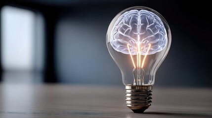 Poster - Brain-Shaped Filament Inside a Lightbulb on a Table, Symbolizing Creative Thinking and Innovation in Problem Solving for Business Solutions : Generative AI
