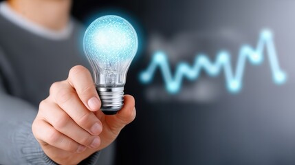 Aufkleber - Hand Holding Glowing Light Bulb Against Blurred Graph, Symbolizing Innovation and Data Driven Decision Making for Business Intelligence and Strategic Planning : Generative AI