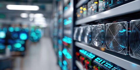Poster - Server Room With Rows of Computer Fans and Blinking Lights, Showcasing Data Storage and Digital Transformation Infrastructure : Generative AI