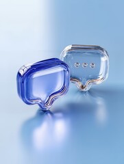 Fototapete - Two Glassy Blue Speech Bubbles on Light Blue Surface, Symbolizing Communication and Digital Connection for Social Media Marketing Campaigns : Generative AI