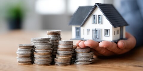 Aufkleber - Hand Holding Model House With Stacks of Coins, Representing Real Estate Investment and Financial Planning for Home Ownership : Generative AI