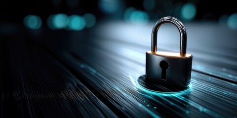 Aufkleber - Padlock on Fiber Optic Cables, Representing Cybersecurity and Data Protection for Business Solutions and Technology Innovation : Generative AI