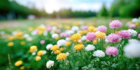 Aufkleber - Colorful Flower Field With Pink, Yellow, and White Blooms, Showcasing Natural Beauty and Springtime Renewal : Generative AI