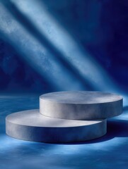 Fototapete - Two Round Stone Platforms in Blue Light, Ideal for Product Presentation and Modern Minimalism, Showcasing Elegance and Sophistication for Marketing Campaigns : Generative AI