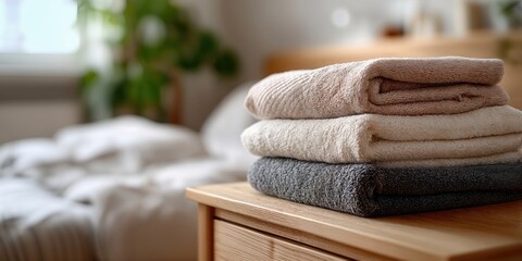 Leinwandbilder - Stack of Folded Towels on Wooden Table in Bright Room, Representing Comfort and Hotel Amenities for Vacation Rental : Generative AI