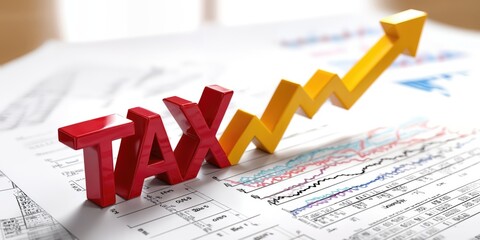 Aufkleber - Red Tax Letters With a Yellow Arrow Pointing Upward on Financial Charts, Representing Growth and Investment Opportunity : Generative AI