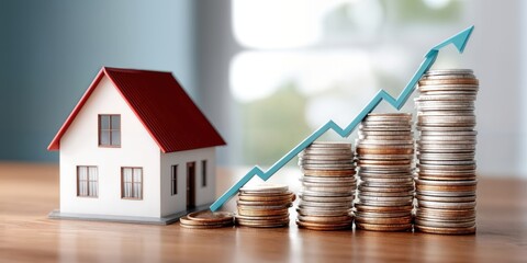 Aufkleber - Toy House and Stacks of Coins with Rising Arrow, Representing Real Estate Investment and Financial Growth : Generative AI