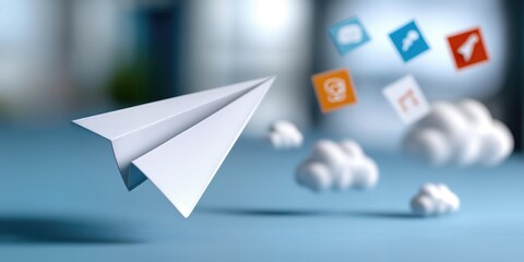Poster - Paper Airplane Flying Past Social Media Icons and Clouds, Symbolizing Digital Communication and Global Connectivity for Marketing Campaigns : Generative AI