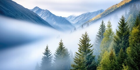 Poster - Mountains and Evergreen Trees Emerging From Fog, Showcasing Natural Beauty and Environmental Awareness for Travel and Ecotourism : Generative AI