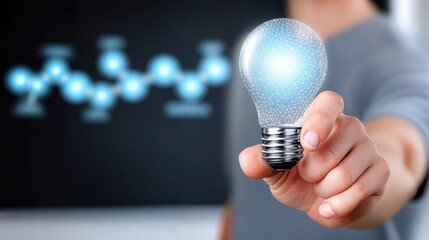 Poster - Hand Holding Glowing Lightbulb with Network Mesh, Symbolizing Innovation and Creative Solutions for Business Development and Technological Advancement : Generative AI