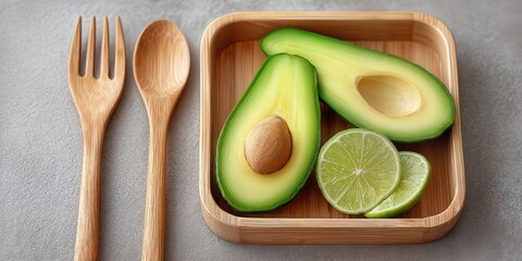 Aufkleber - Sliced Avocado and Lime in Wooden Tray With Wooden Spoon and Fork, Representing Healthy Lifestyle and Culinary Inspiration, Perfect for Nutrition Blog : Generative AI