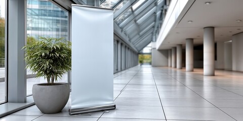 Aufkleber - Blank Roll-Up Banner Stand in Modern Lobby, Ideal for Corporate Branding and Advertising Campaigns, Showcasing Company Messaging and Marketing Materials : Generative AI