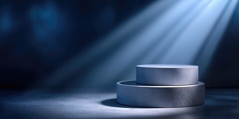 Poster - Two-Tiered Concrete Display Platform Under Blue Spotlight, Representing Product Presentation and Minimalist Style for E-Commerce Marketing : Generative AI