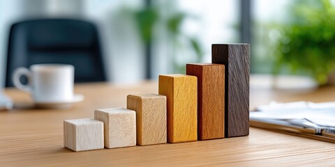 Poster - Wooden Blocks Arranged as a Rising Bar Graph on a Table, Symbolizing Growth and Financial Success in Business Development and Investment Strategies : Generative AI
