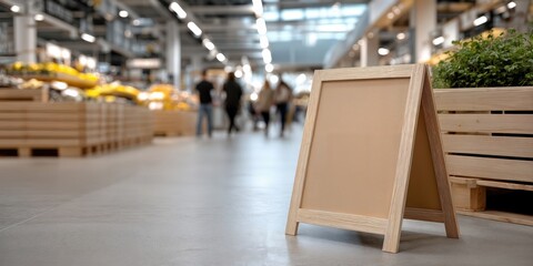 Aufkleber - Blank Wooden Sandwich Board Sign in a Modern Supermarket Aisle, Ideal for Retail Promotion and Customer Engagement : Generative AI