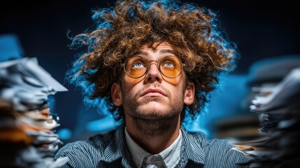 Poster - Man Looking Upward with Curly Hair and Glasses, Representing Inspiration and Intellectual Curiosity in Creative Industries and Personal Growth : Generative AI