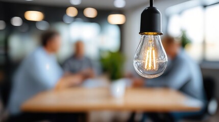 Fototapete - Hanging Lightbulb in Modern Office With Blurred People, Representing Innovation and Workplace Collaboration During a Meeting : Generative AI