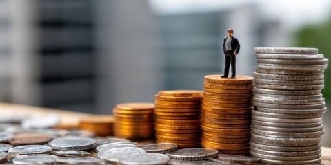 Poster - Miniature Businessman Standing on Stack of Coins, Representing Financial Growth and Career Advancement, Ideal for Investment and Success Concepts : Generative AI