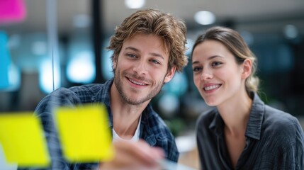 Aufkleber - Smiling Coworkers Brainstorming With Sticky Notes on Glass Wall, Representing Teamwork and Business Strategy for Corporate Planning : Generative AI