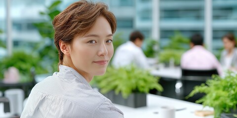 Aufkleber - Asian Businesswoman Smiling in Modern Office Setting, Representing Corporate Diversity and Workplace Collaboration for Recruitment Campaigns : Generative AI