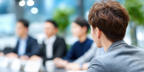 Fototapete - Asian Business Team Meeting in Modern Office, Showcasing Collaboration and Corporate Strategy, Viewed From Behind : Generative AI