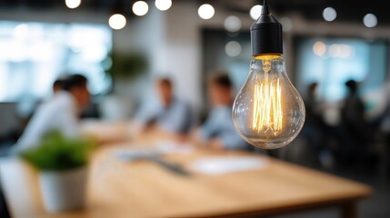 Fototapete - Vintage Edison Bulb Hanging in Modern Office, Symbolizing Innovation and Bright Ideas for Business Solutions and Creative Thinking : Generative AI