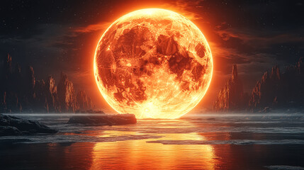 Wall Mural - large red moon is in the sky above a body of water. the moon is surrounded by a dark sky and the wat