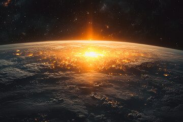 Wall Mural - planet with a sun in the middle of it. the sun is surrounded by clouds and the planet is covered in 