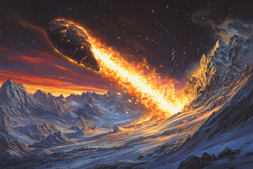 Wall Mural - fiery meteorite is falling through the sky, leaving a trail of fire behind it. the scene is set in a