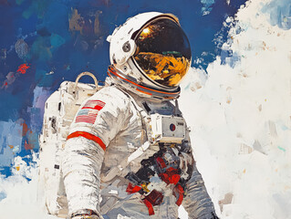 Wall Mural - man in a space suit is standing in front of a blue sky. the painting is a representation of the idea
