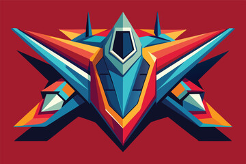 Poster - Red futuristic spaceship or aircraft design in a geometric vector illustration style isolated against a blue background for retro space exploration concepts