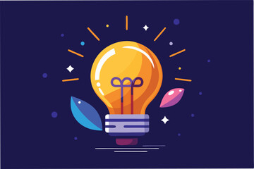 Aufkleber - Bright yellow lightbulb shining in the dark with leaves and sparkles representing a new idea or inspiration against a navy background