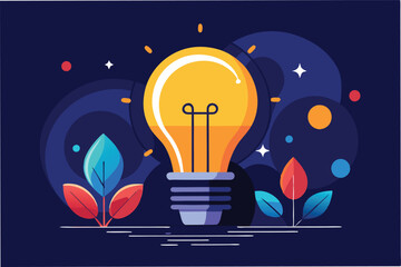 Aufkleber - Bright yellow lightbulb shining in the dark with leaves and sparkles representing a new idea or inspiration against a navy background