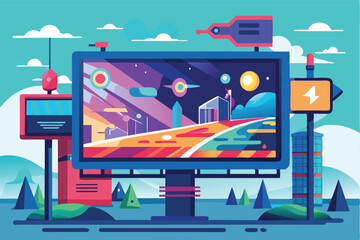 Poster - Vector illustration of a colorful futuristic city billboard advertisement during the daytime with trees, hills, clouds, and stars